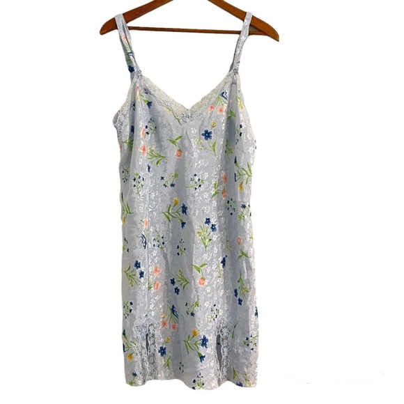 Lace & Floral Print Lingerie Nightgown Dress, Front Slits, Size Medium - Picture 1 of 7